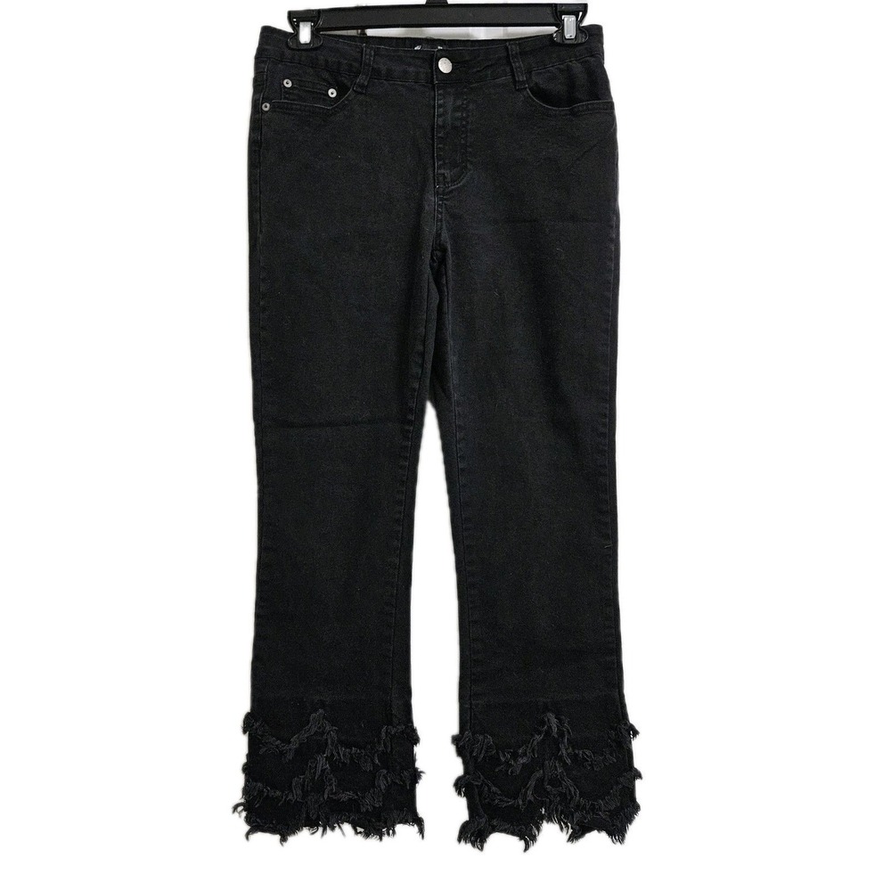 A.Z.I New York Fringe Hem Jeans Women 12 Black Straight Leg Distressed Edgy Boho